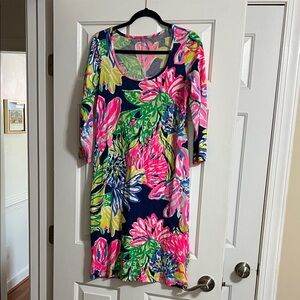 Lilly Pulitzer Colorful Floral Kenzie Dress Resort Navy Travelers Size Medium